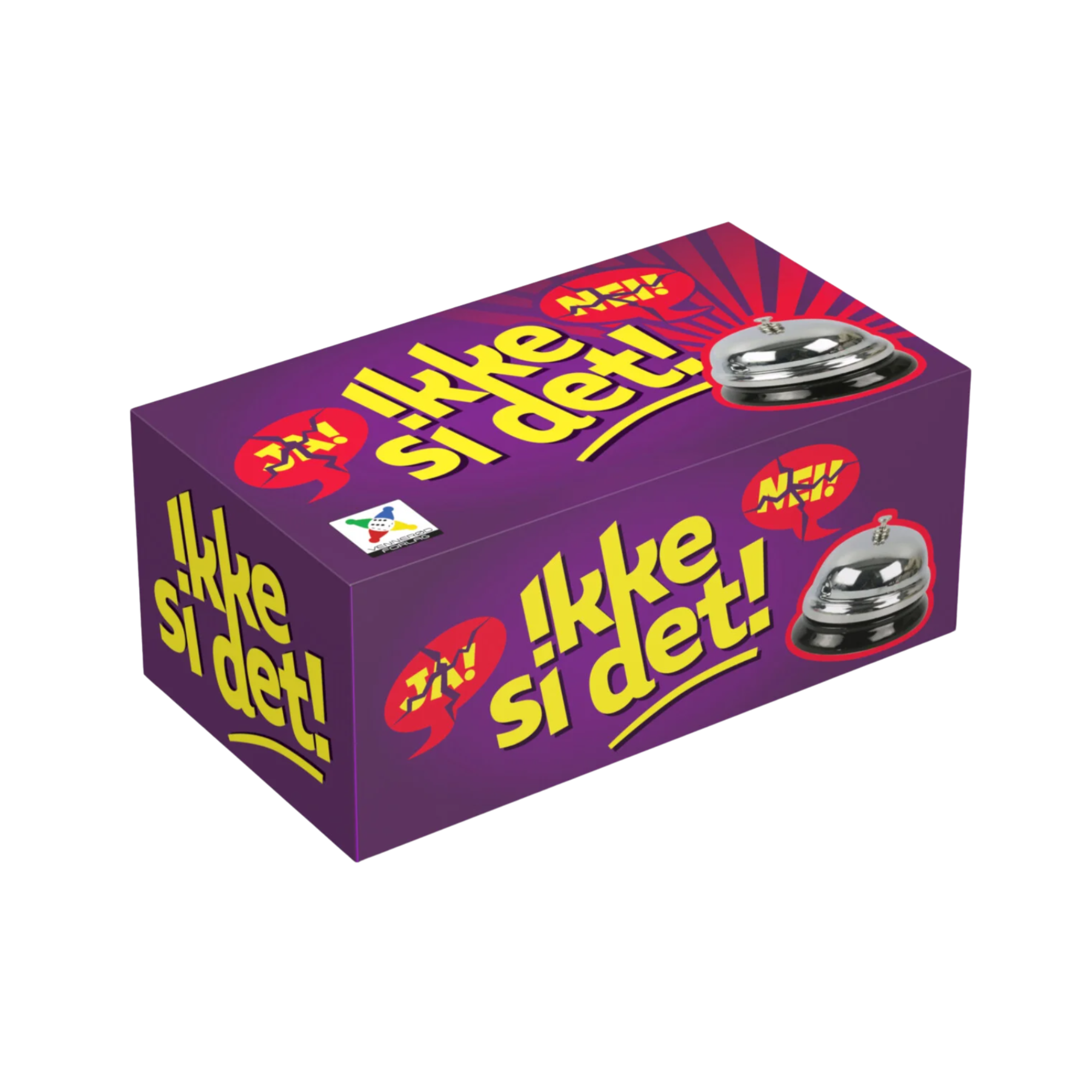 Purple game box med bjeller til Ikke si det! utfordrende brettspill for familie og venner